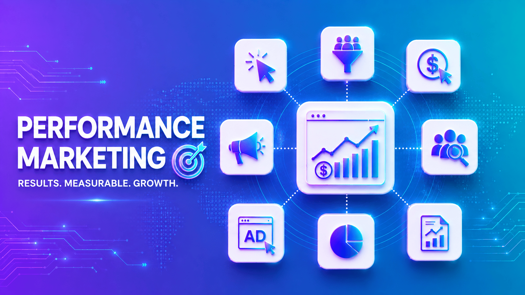 Futuristic Performance Marketing illustration featuring glowing glass icons for PPC advertising, campaign analytics, lead generation, conversion tracking, ROI measurement, and performance optimization on a modern technology background.