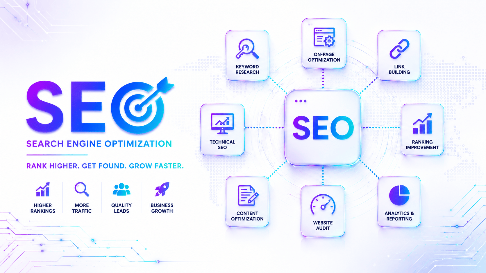 Futuristic SEO services illustration featuring glowing glass icons for search engine optimization, keyword research, analytics, backlinks, technical SEO, and website performance on a modern technology background.