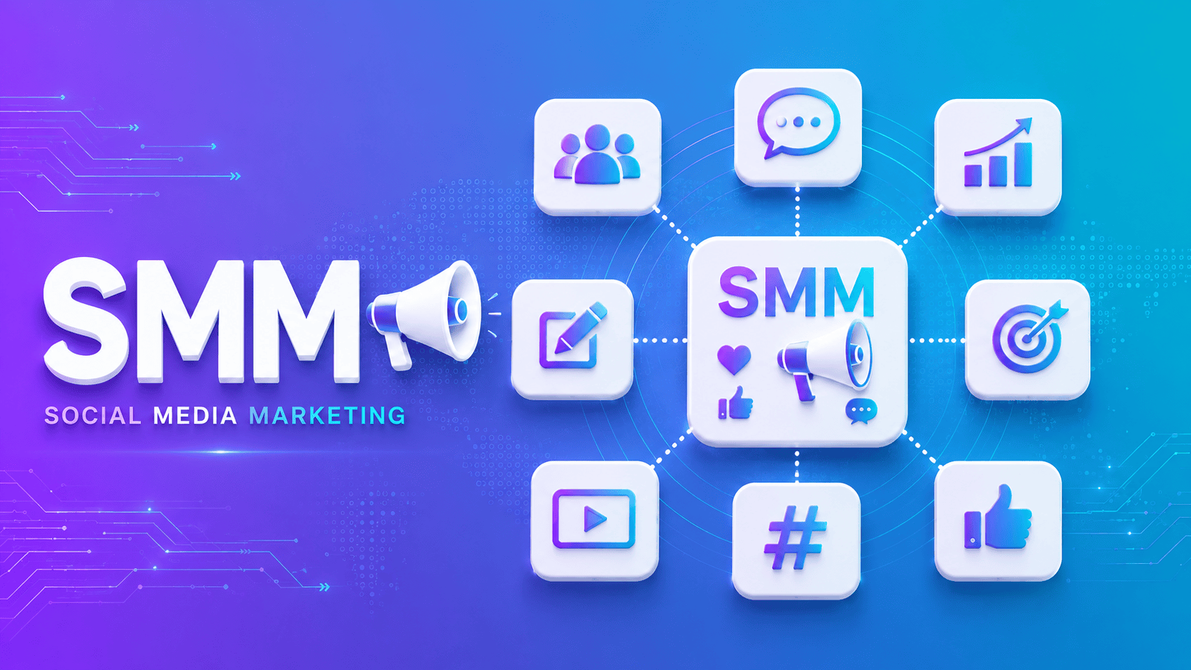 Futuristic Social Media Marketing illustration featuring glowing glass icons for audience engagement, content creation, social media analytics, video marketing, hashtags, and campaign management on a modern technology background.