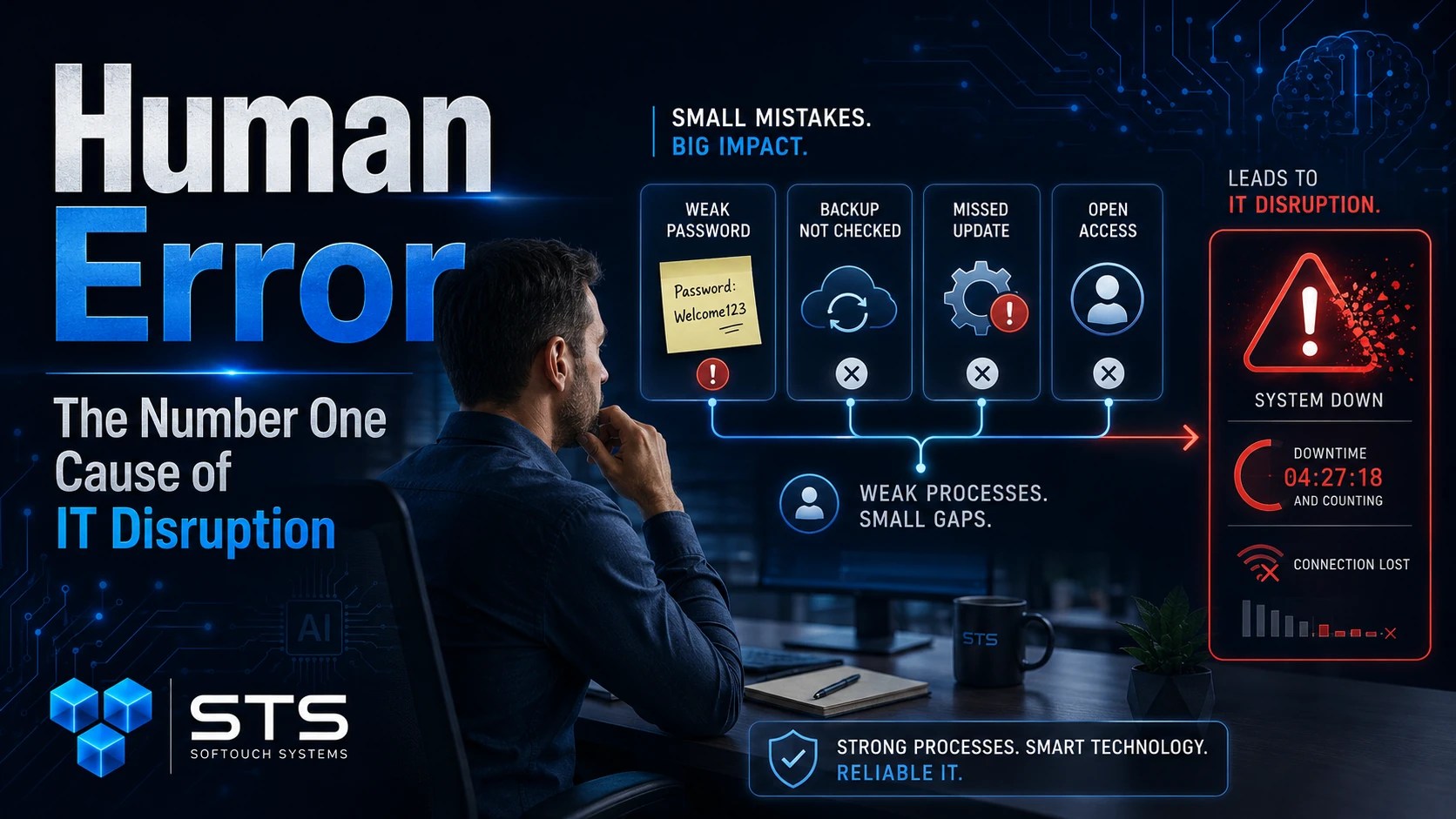 Human error IT disruption graphic showing weak passwords, missed updates, unchecked backups, open access, and system downtime risks.