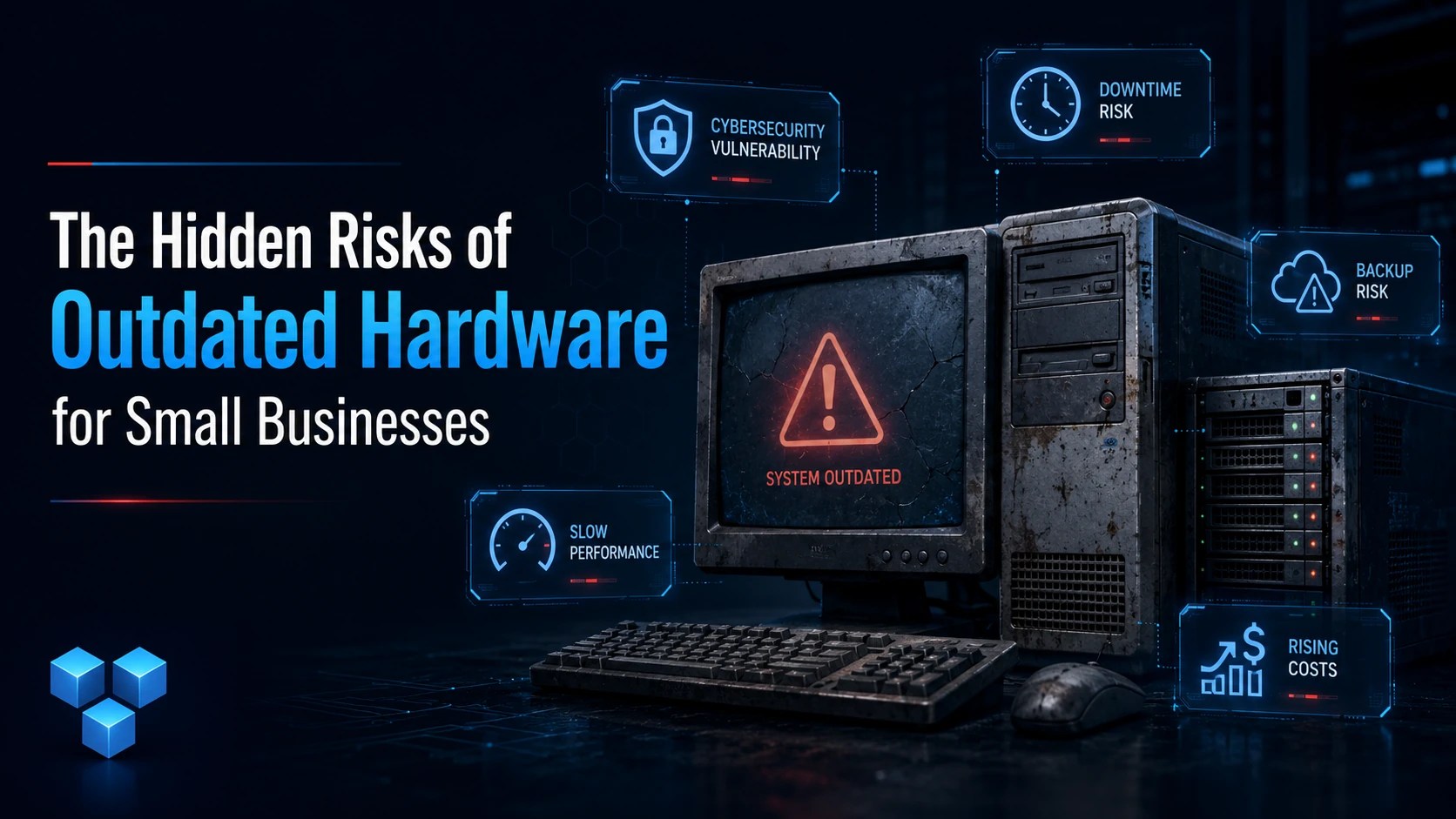 Outdated business computer and server hardware showing cybersecurity, downtime, backup, performance, and cost risks for small businesses.