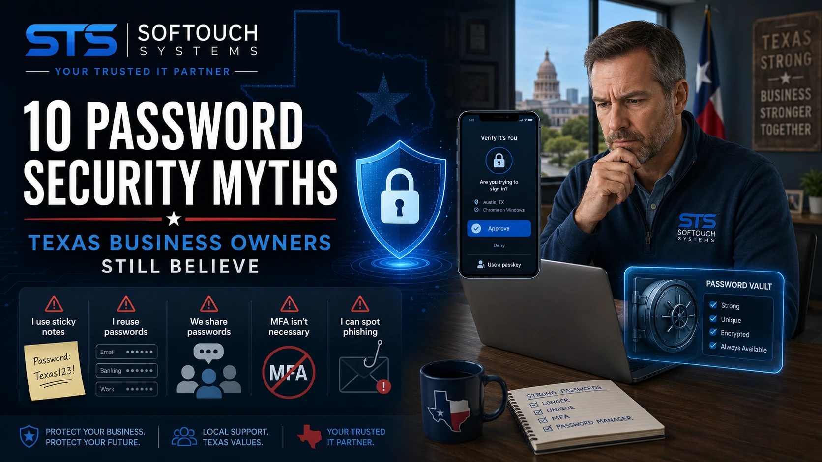 Texas business owner reviewing password security myths with MFA, password vault, and secure login protections.