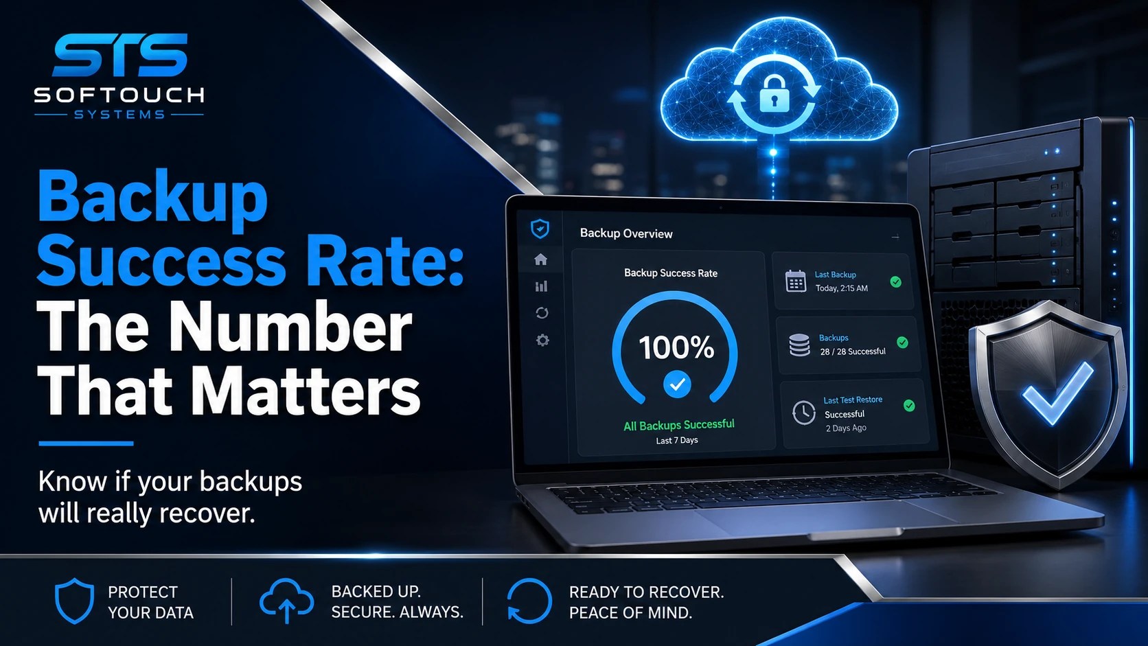 Backup success rate graphic showing cloud backup protection, server storage, restore status, and secure business data recovery.