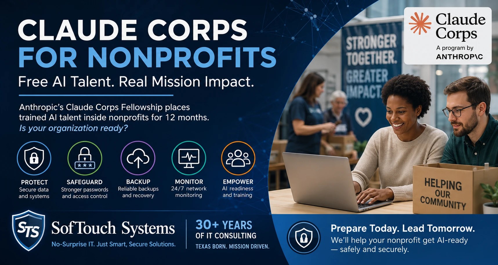 Claude Corps for nonprofits banner showing nonprofit staff using AI with SofTouch Systems security and AI readiness services.