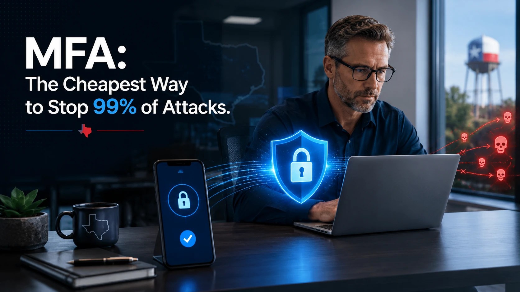 Texas small business owner using MFA to block password-based cyberattacks on a laptop and phone.