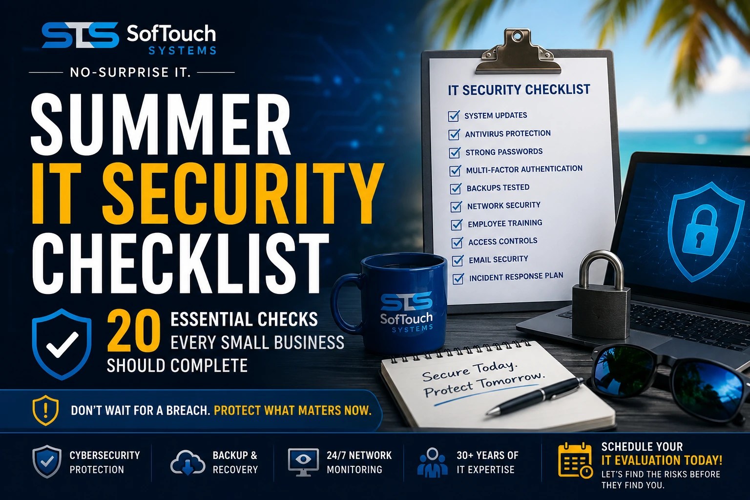 Business owner reviewing a summer IT security checklist with cybersecurity icons, laptop, padlock, and network protection graphics representing essential security checks for small businesses.