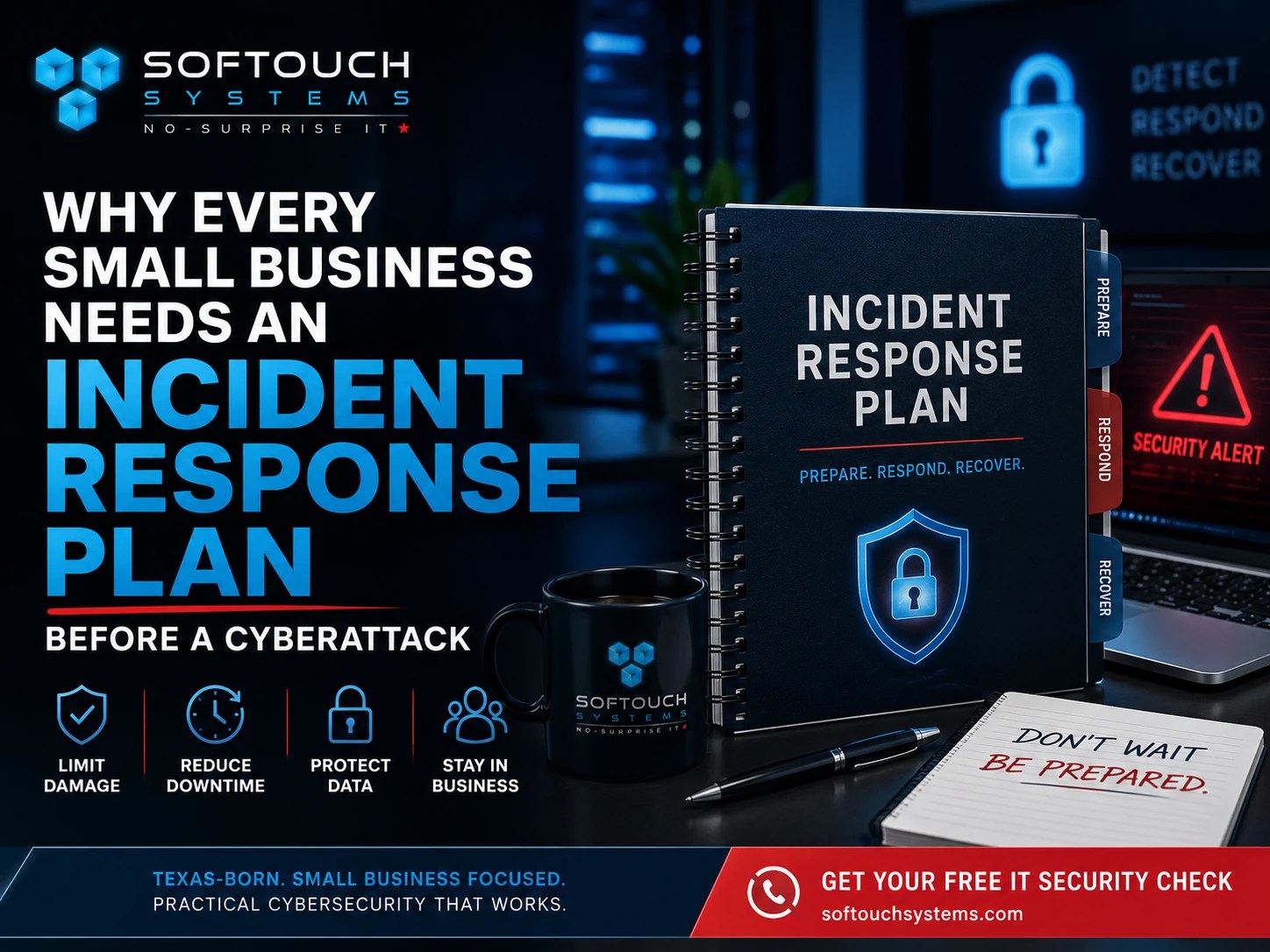 Incident response plan binder beside a laptop displaying a cybersecurity alert, illustrating how small businesses can prepare for and recover from cyberattacks.