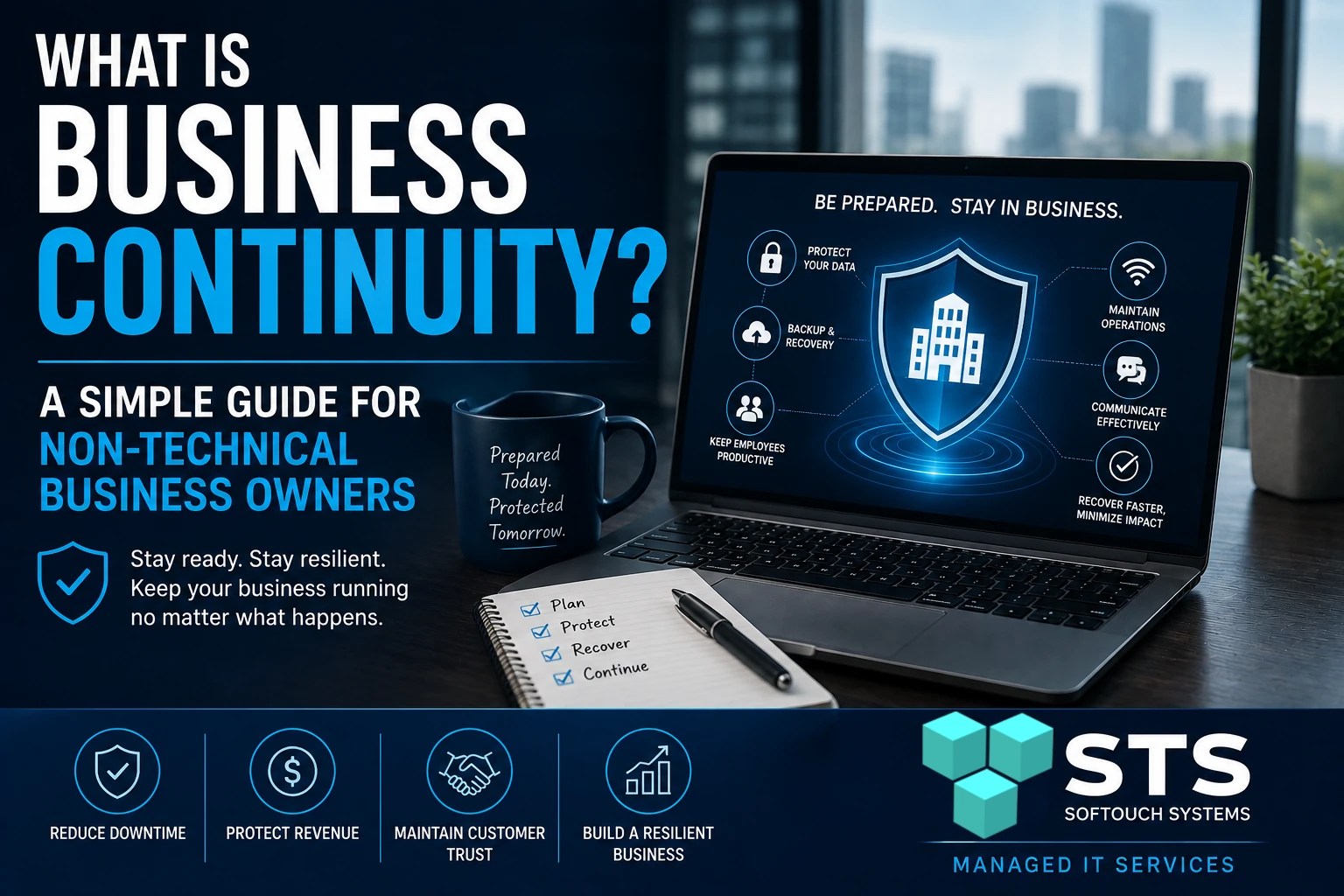 Business continuity infographic showing a laptop with a business resilience plan, cybersecurity shield, backup and recovery icons, and STS Managed IT Services branding.