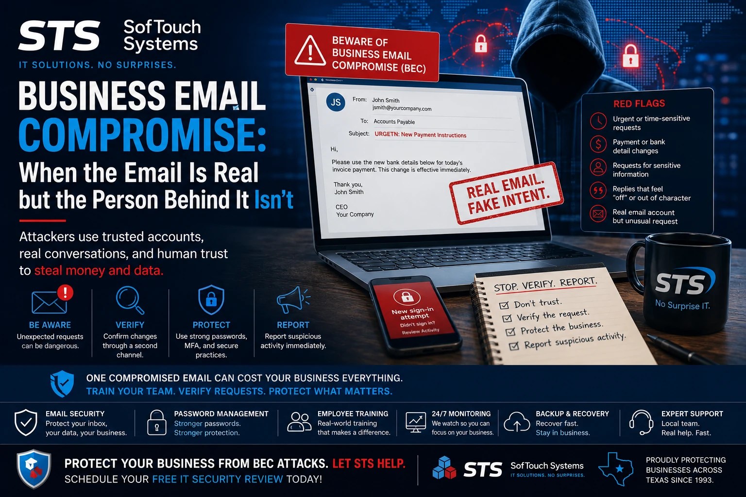 Business email compromise security banner showing a legitimate email account used for a fraudulent payment request and BEC warning signs
