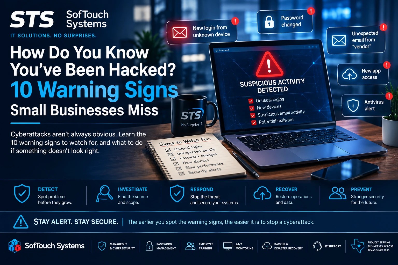 SofTouch Systems cybersecurity banner showing 10 warning signs a small business may have been hacked, including MFA alerts, password changes, unknown devices, and suspicious email activity