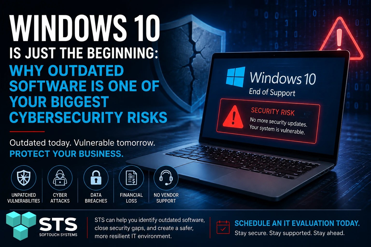 Laptop displaying a Windows 10 end-of-support warning alongside cybersecurity graphics illustrating the risks of outdated software for small businesses.