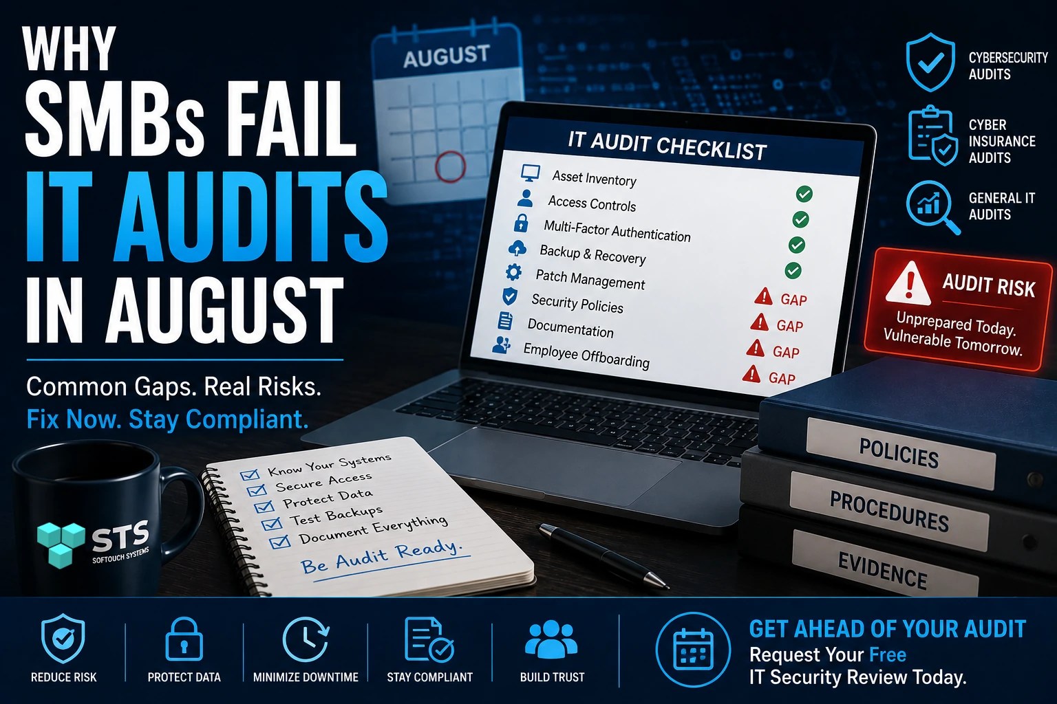 IT audit checklist showing common cybersecurity, backup, patch management, documentation, and employee offboarding gaps for small businesses.