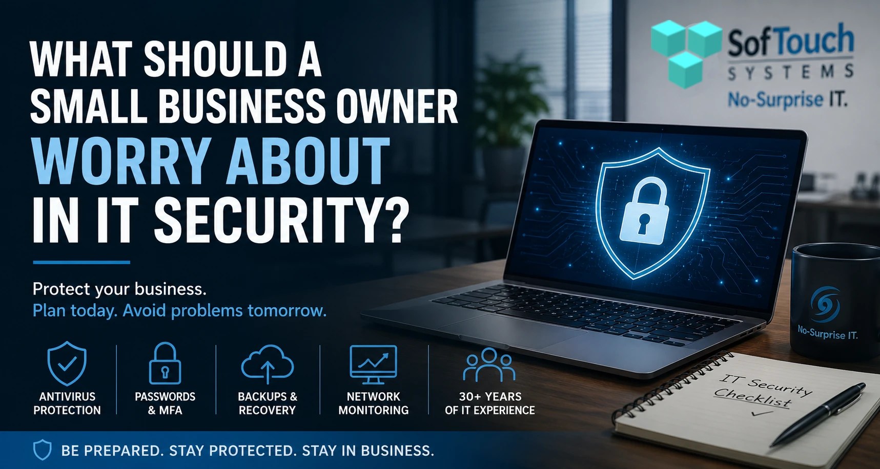 Small business IT security banner showing a protected laptop with a digital shield and lock