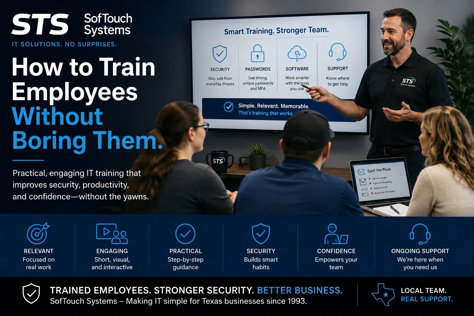 SofTouch Systems employee IT training session covering cybersecurity, passwords, software, and technical support