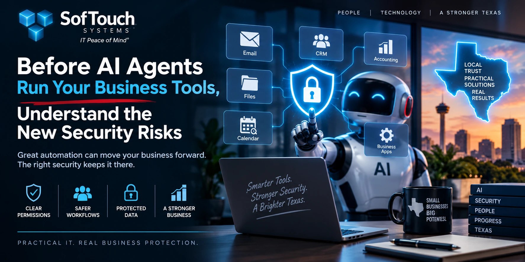 SofTouch Systems cybersecurity banner showing an AI agent connected to email, CRM, accounting, files, calendar, and business apps behind a security shield.
