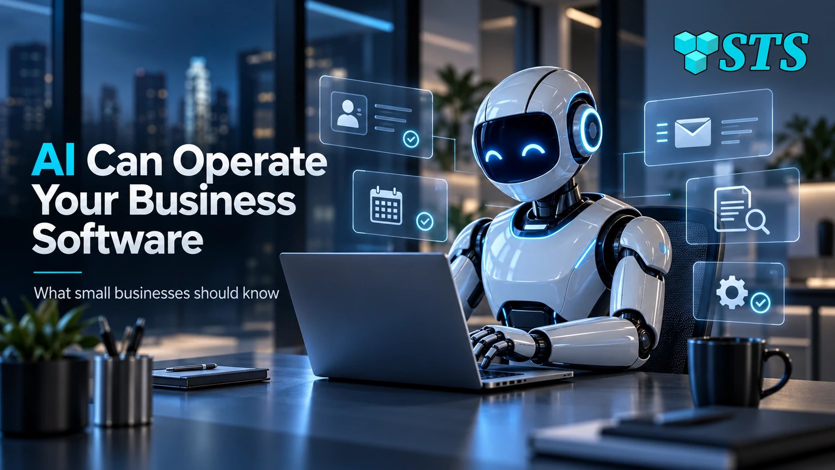 SofTouch Systems banner showing an AI assistant using business software for email, CRM, scheduling, documents, and workflow tasks.