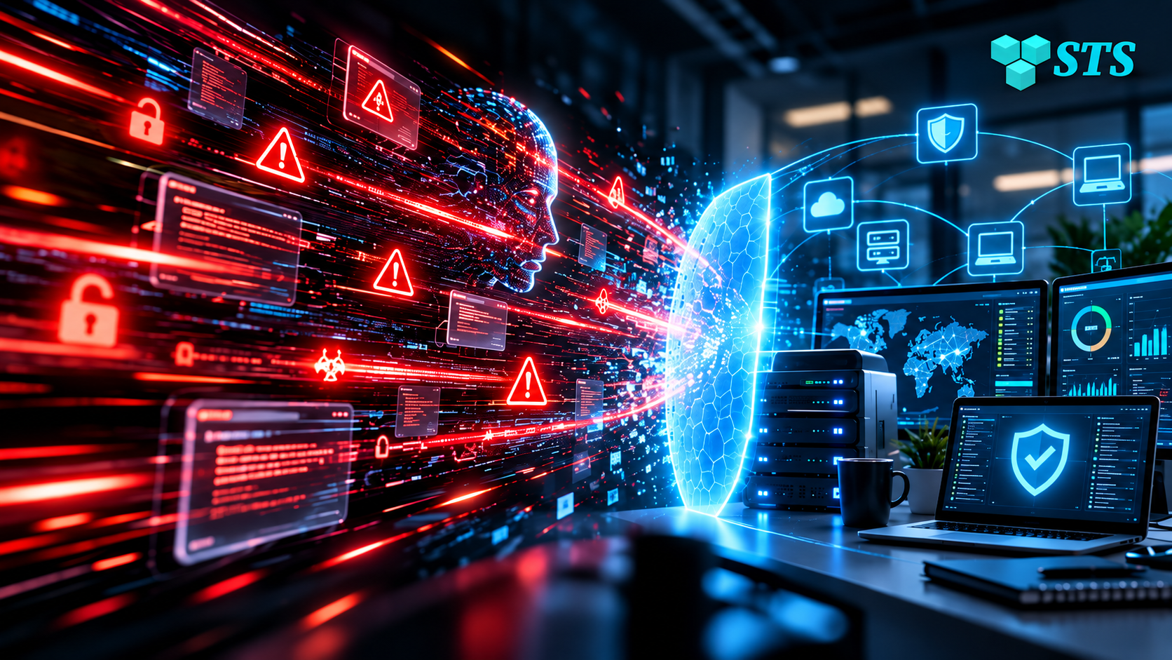 SofTouch Systems cybersecurity banner showing a fast-moving AI-driven cyberattack hitting a protected business network with monitoring and security controls.