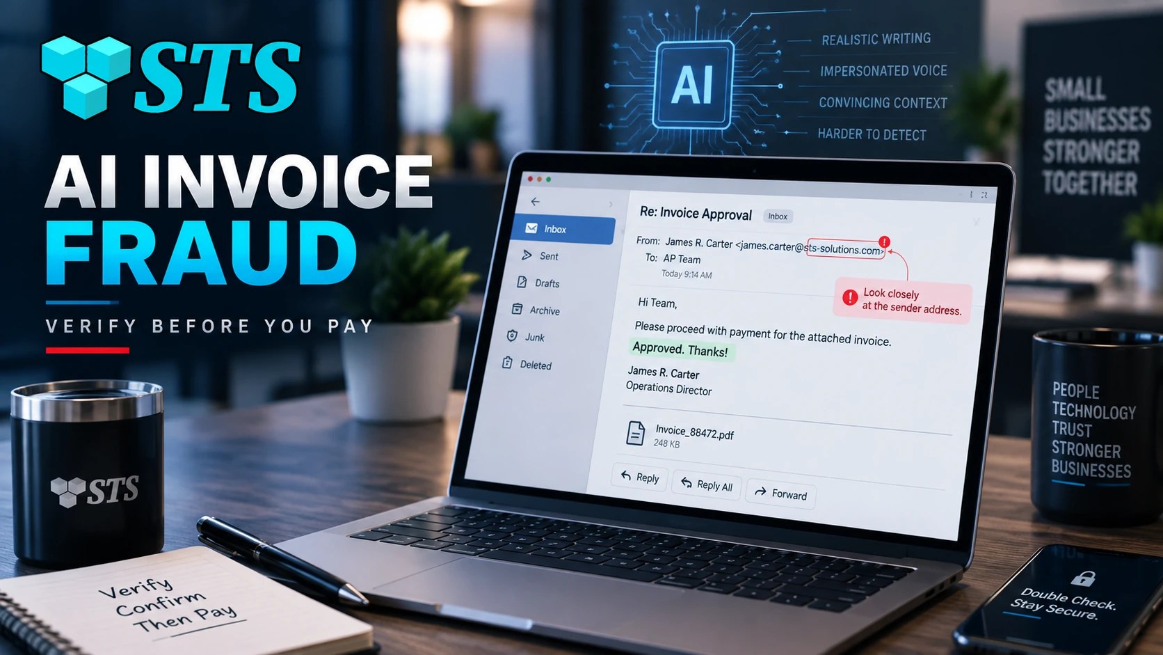 SofTouch Systems banner showing AI-driven invoice fraud and a suspicious payment request being reviewed before approval.