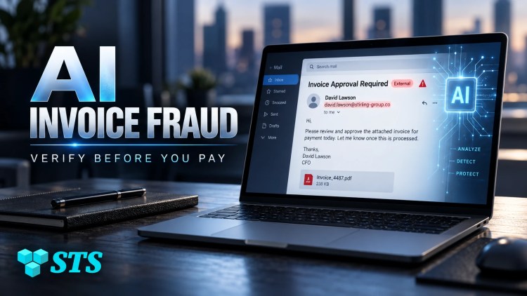 SofTouch Systems banner showing AI-driven invoice fraud and a suspicious payment request being reviewed before approval.