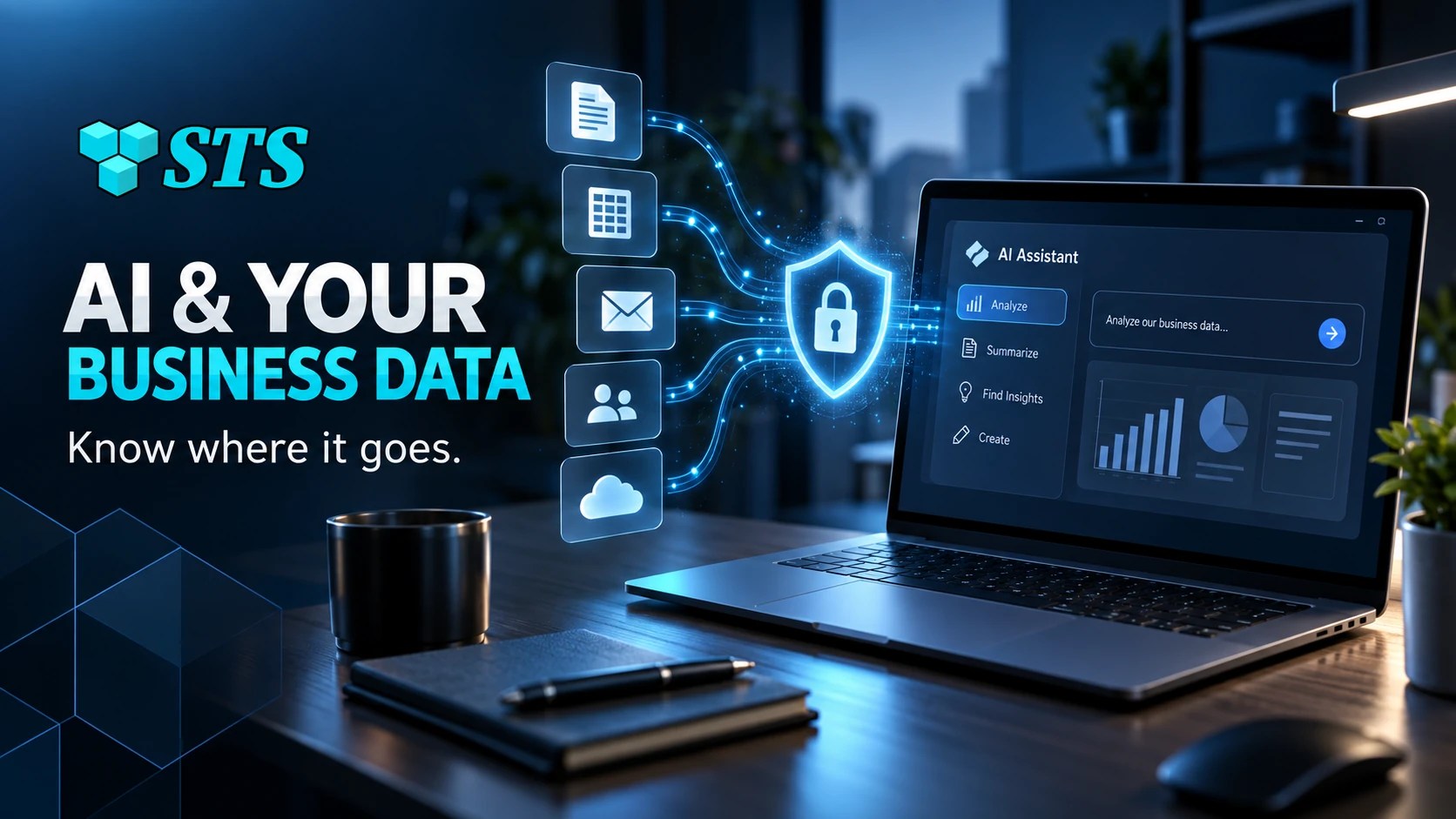 SofTouch Systems banner showing employees using AI tools while business data remains protected through security controls and managed access.