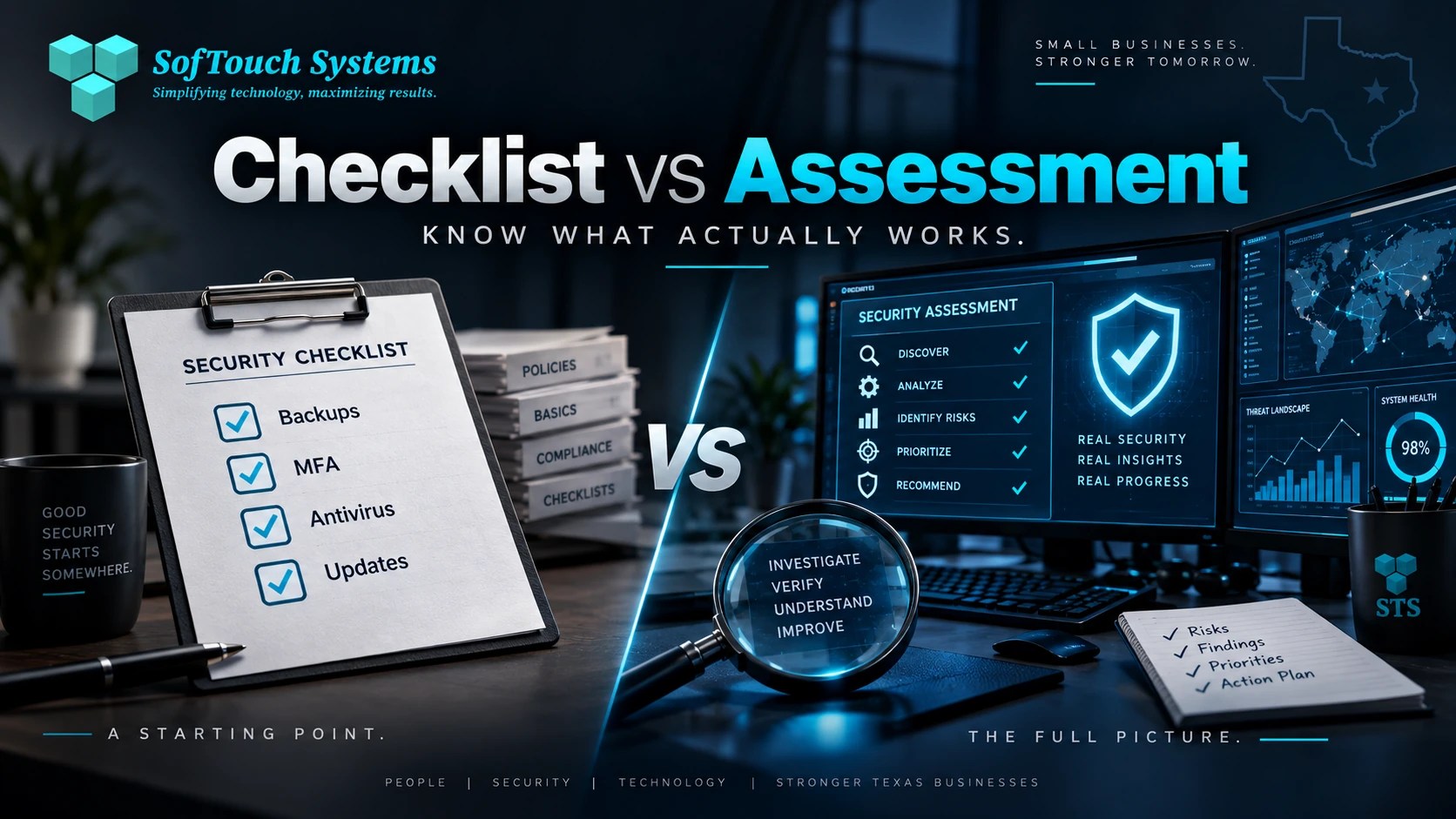 SofTouch Systems cybersecurity banner comparing a basic security checklist with a full cybersecurity assessment that verifies risks, priorities, and action steps.
