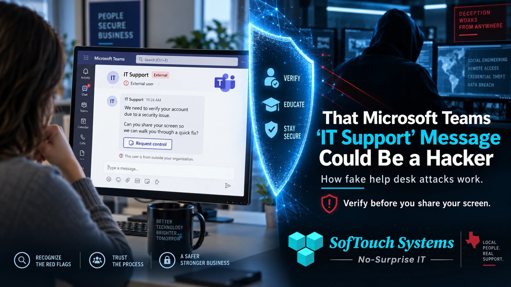 SofTouch Systems cybersecurity banner showing a fake Microsoft Teams IT support message asking for screen control while a security shield blocks the attacker.