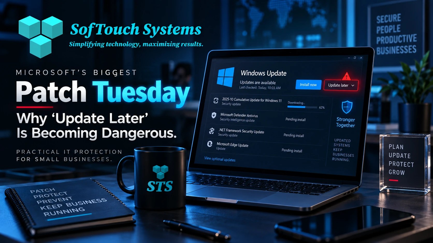 SofTouch Systems cybersecurity banner showing a Windows Update screen with Install now and Update later options beside a warning about delayed security patches.
