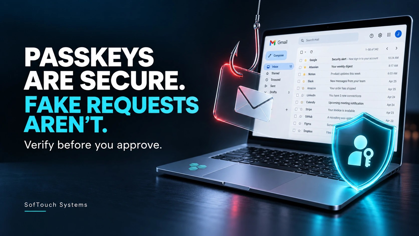 Phishing hook holding an envelope beside an STS-branded laptop and passkey shield. Text: “Passkeys are secure. Fake requests aren’t.”