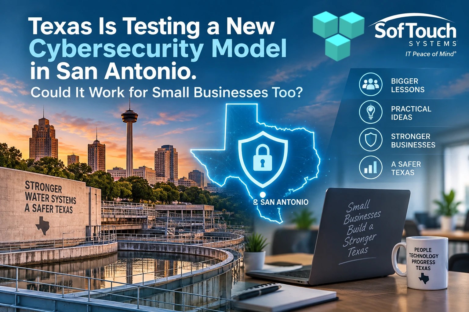 San Antonio skyline and water infrastructure with a Texas cybersecurity shield representing lessons from the new cybersecurity pilot for small businesses.