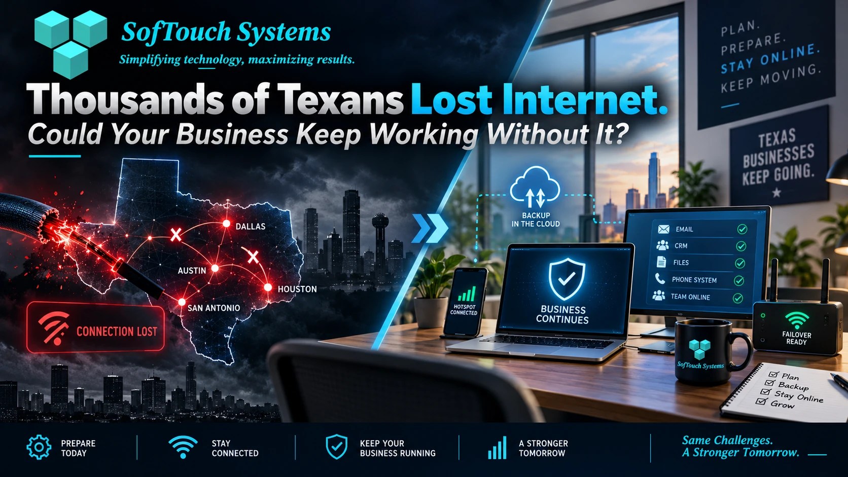 SofTouch Systems banner showing a Texas internet outage, disrupted city connections, and a small business using backup internet, cloud services, and failover systems to stay online.