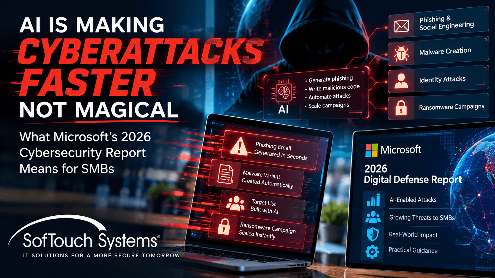 SofTouch Systems cybersecurity banner showing AI accelerating phishing, malware, identity attacks, and ransomware alongside Microsoft’s 2026 Digital Defense Report.