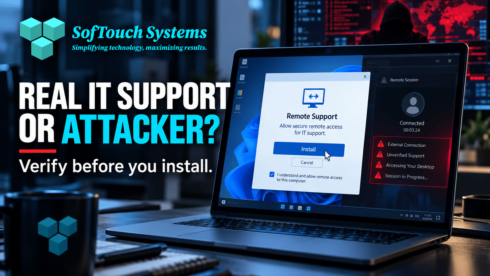 SofTouch Systems featured image showing a remote IT support installation prompt while an attacker uses legitimate remote-access software to gain access.