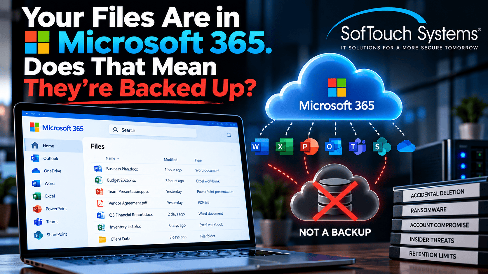 SofTouch Systems featured image showing Microsoft 365 files in OneDrive, SharePoint, Outlook, and Teams with a warning that cloud storage alone is not a complete backup strategy.