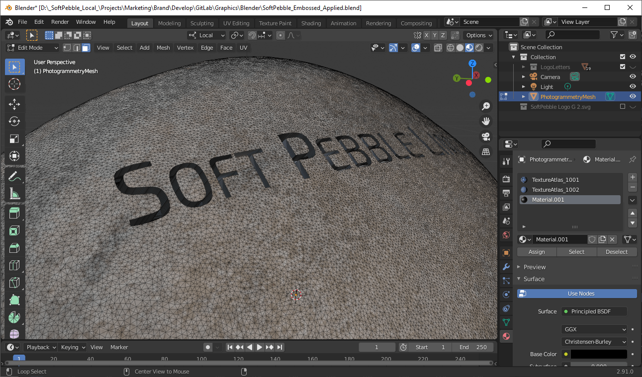 Using Blender to clean up the 3D mesh and add in the company logo embossing