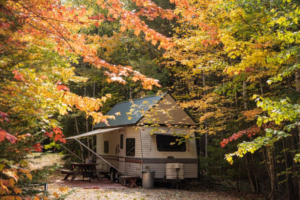 cabin and picnic table under changing fall leaves at Wild Fox Cabin