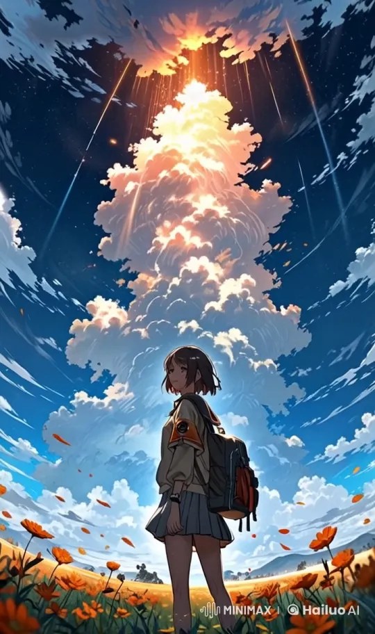 静かな空: 日光を浴びた雲と揺れる花々のアニメーションされたLive2D風景 – AI Generated Video | Hailuo AI