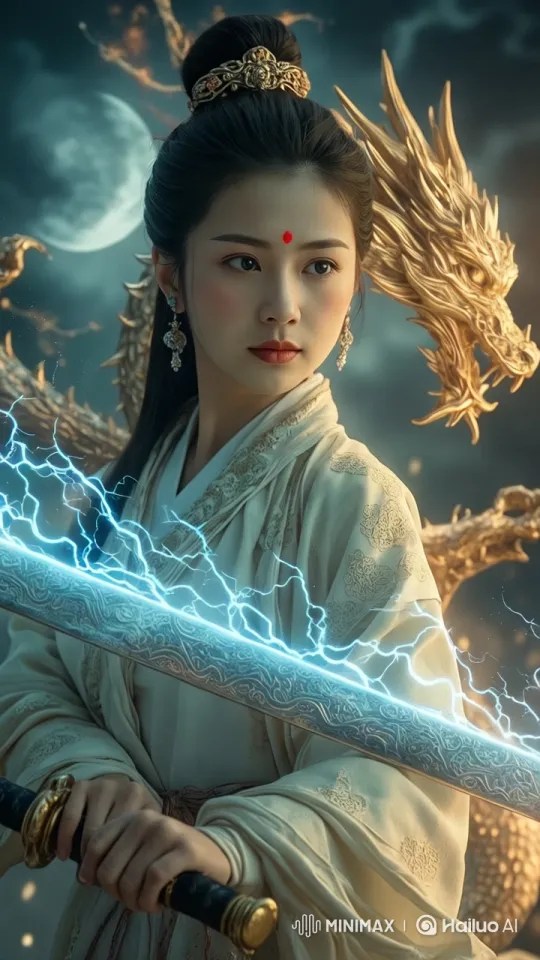 伝統的な衣装を着た女性が光る刀を用いた剣舞を披露する – AI Generated Video | Hailuo AI