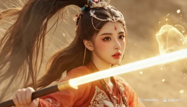 装飾的な衣装とゴールデンな美意識を持つ劇的な剣術 – AI Generated Video | Hailuo AI