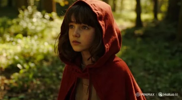 Red-Hooded Girl Encounters Wolf in Enchanted Forest – AI Generated Video | Hailuo AI