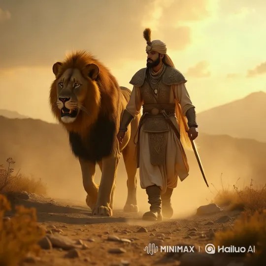 ペルシャの王子とライオン、壮大な砂漠の夕暮れを歩く – AI Generated Video | Hailuo AI