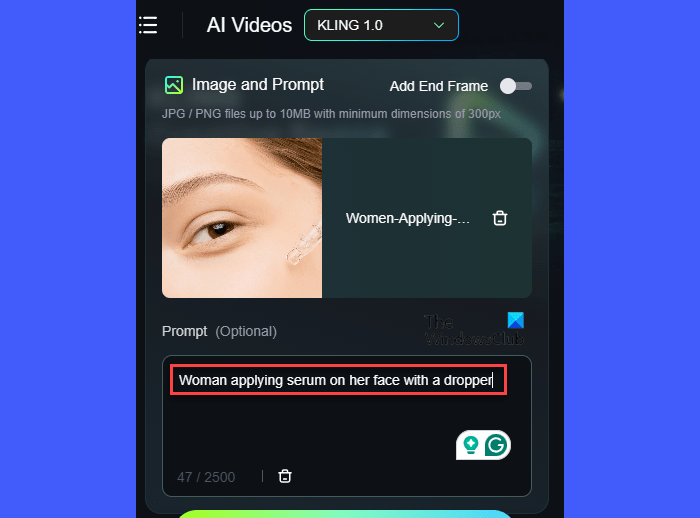 Giao diện nhập prompt Kling AI