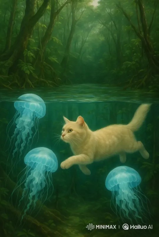 Mèo bơi Почемtinh cùng jellyfish trong Rừng phù thủy – AI Generated Video |  Hailuo AI