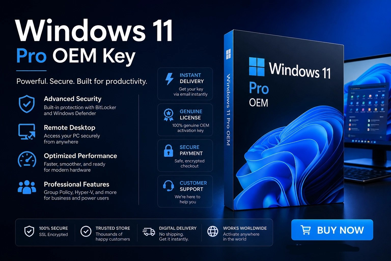 Windows 11 Pro OEM Key digital license box with Instant Digital Delivery & Lifetime Activation