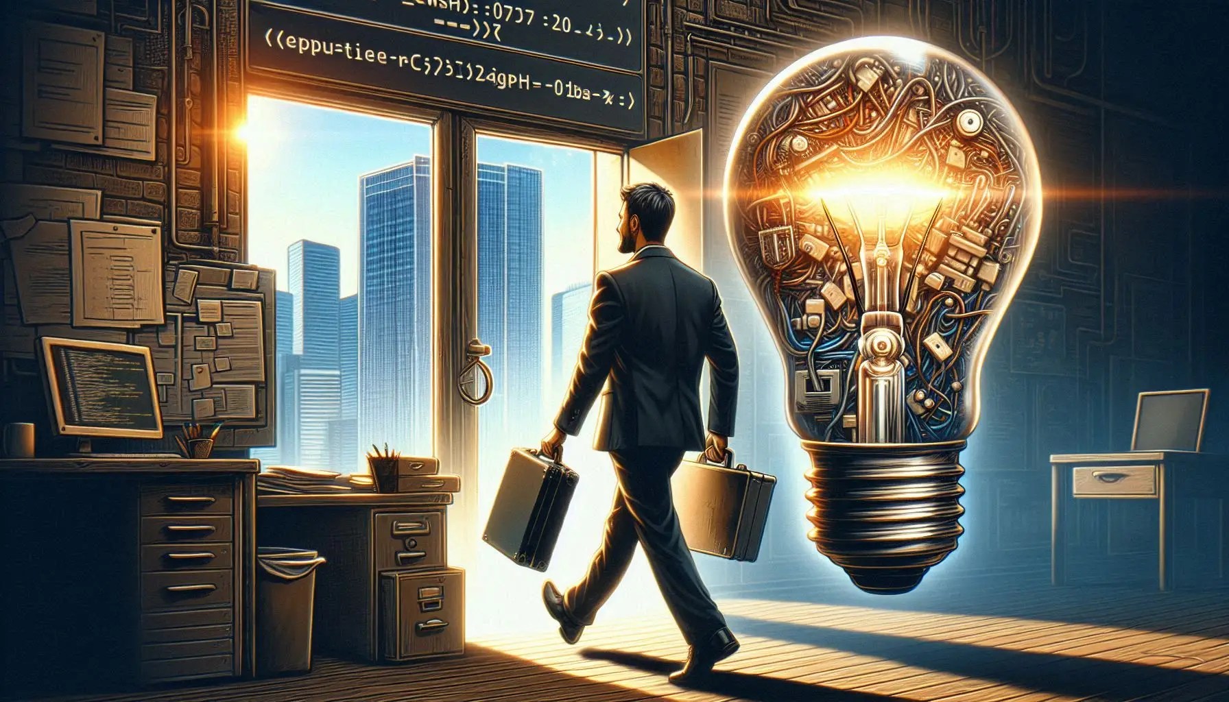 Illustration of a founder leaving an office with briefcases beside a glowing light bulb