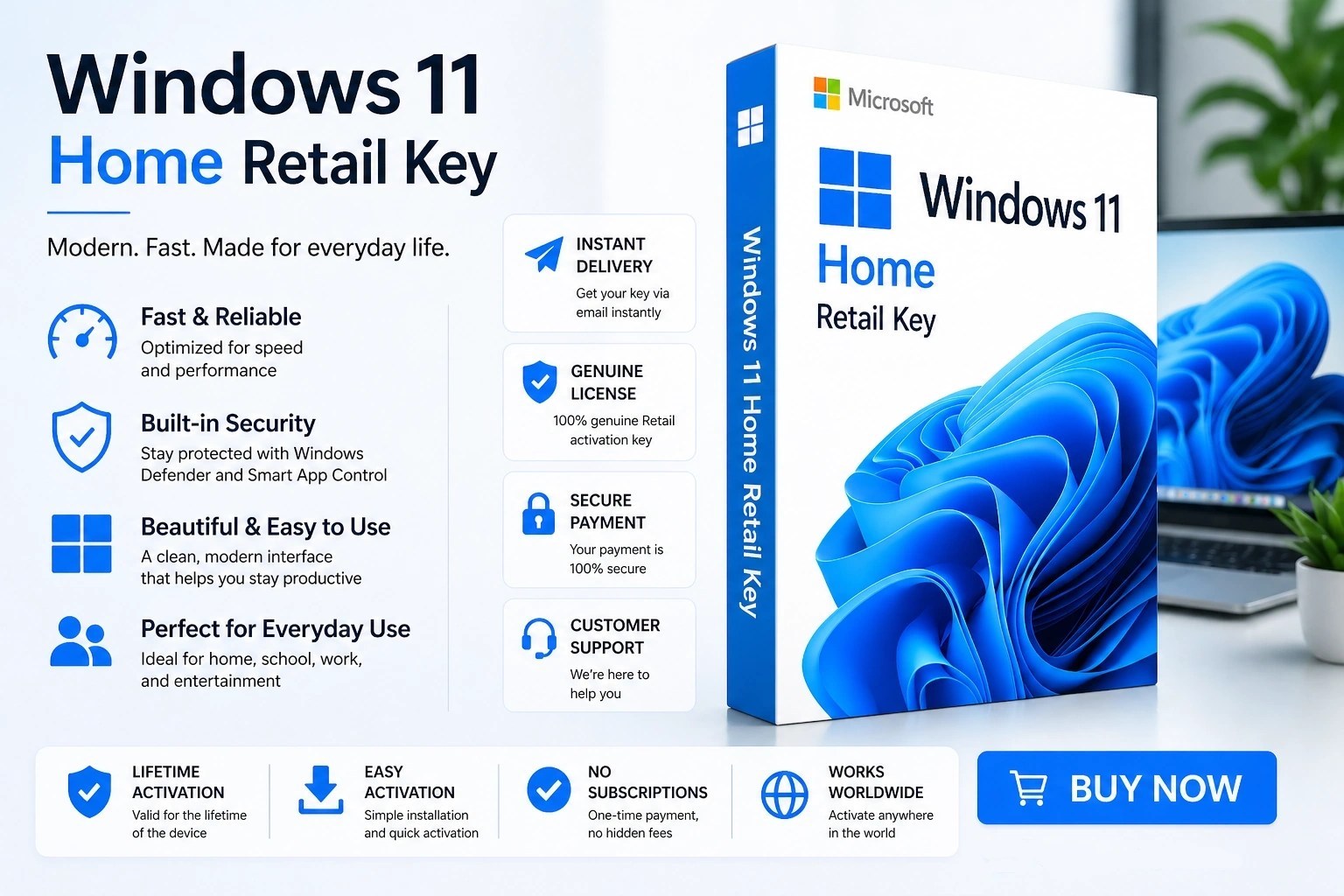 Windows 11 Home Retail Key digital license with instant delivery and activation
