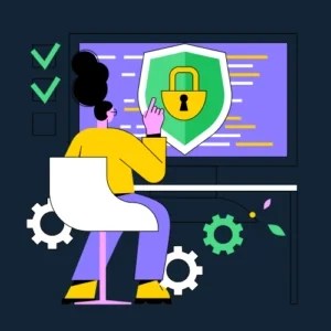 Illustration of a person working on a computer with cybersecurity protection, featuring a shield with a padlock, checkmarks, and gears symbolizing secure digital operations.
