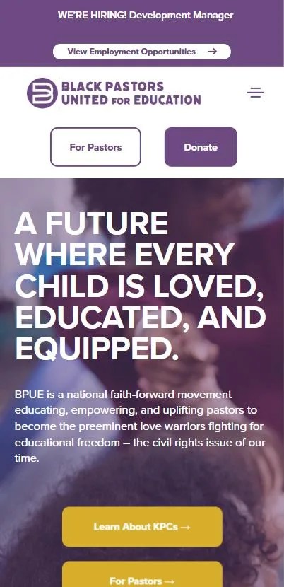 Mobile view of the Black Pastors United for Education website homepage