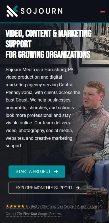 Mobile view of the Sojourn Media website homepage