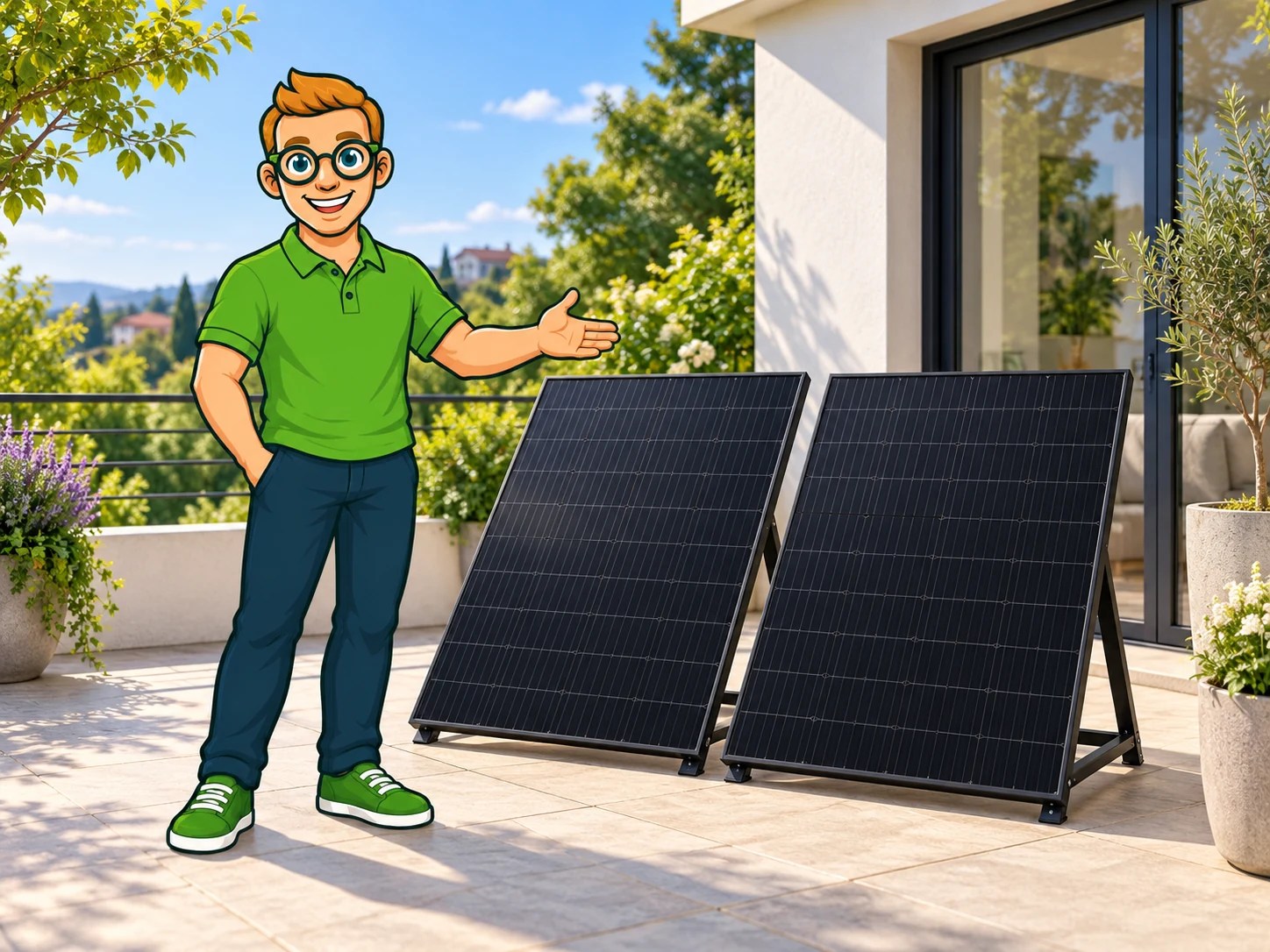 Simon begrüßt dich neben zwei Solarmodulen auf einer sonnigen Terrasse.