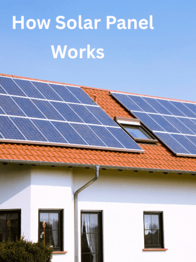 Diagram showing how solar panels convert sunlight into electricity, including sunlight hitting panels, DC power generation, inverter conversion, and power flowing to home appliances